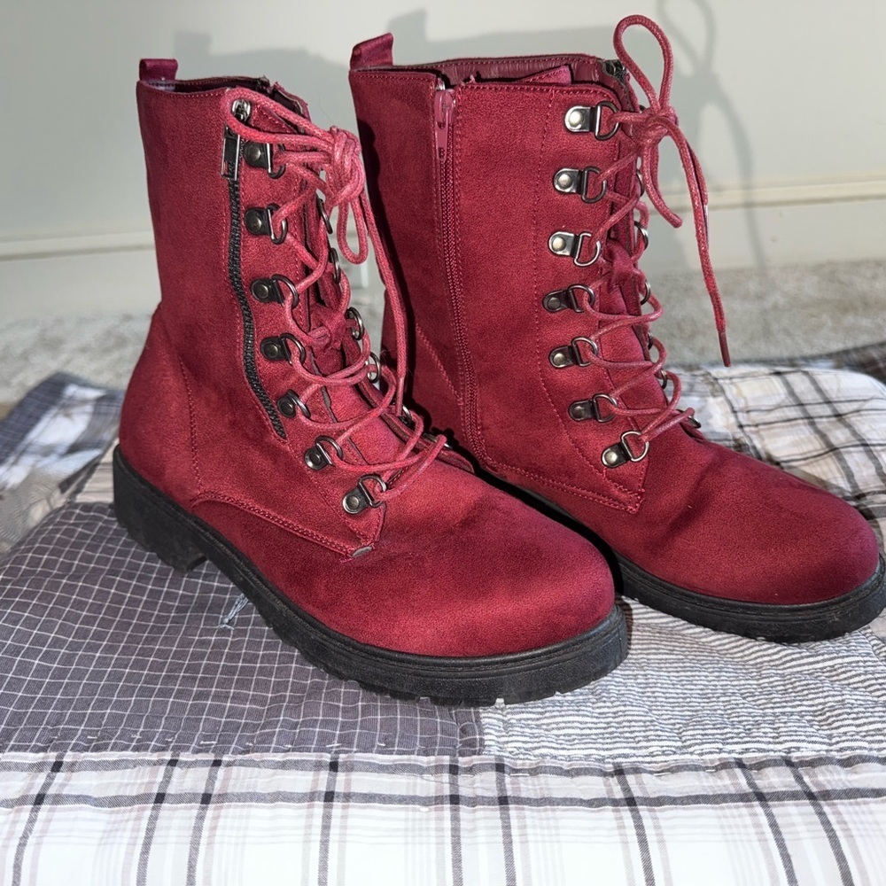 Burgundy Lace-Up Zippered Combat Boots - Picture 4 of 8